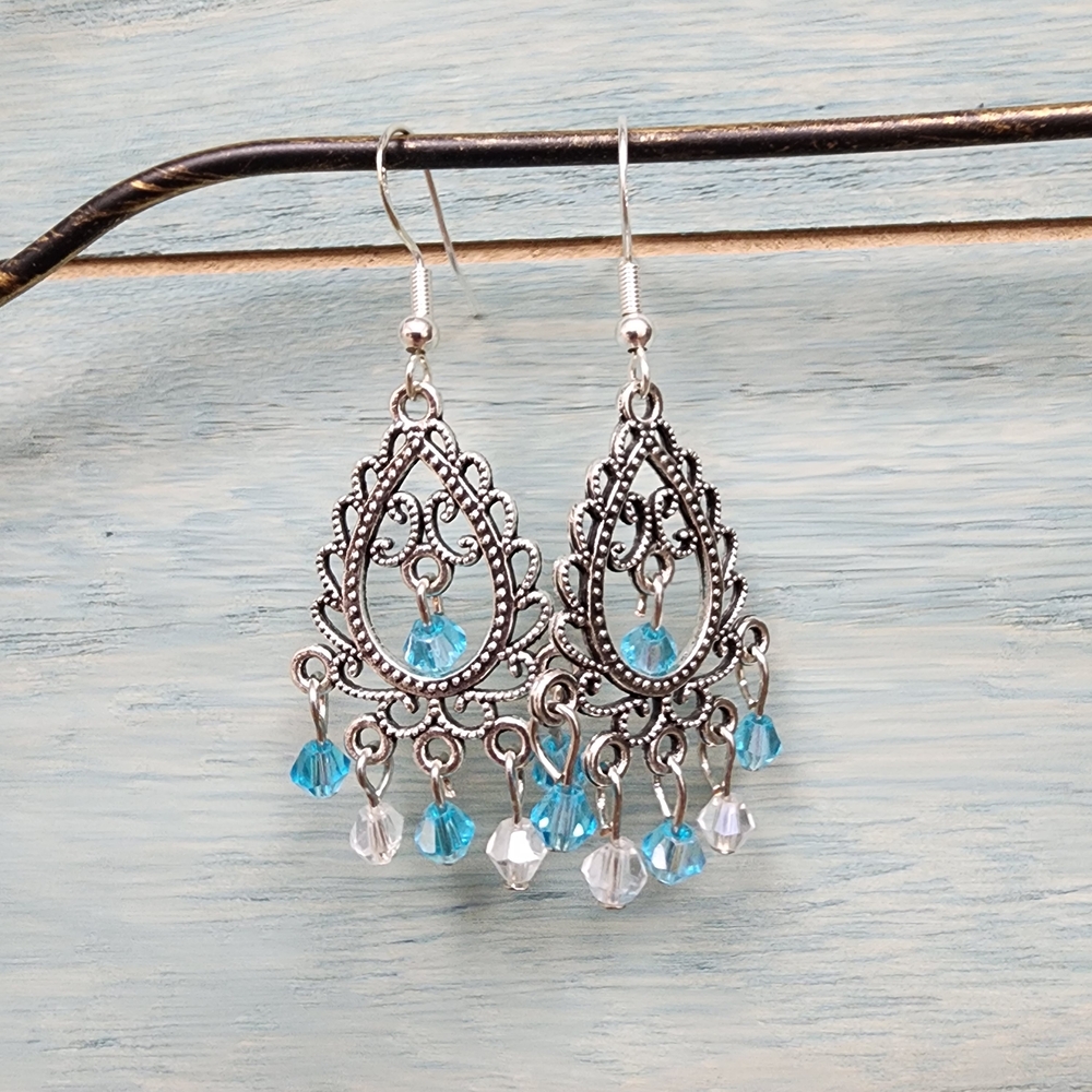 3. Hand Crafted Chandelier Earrings With Blue And Clear Crystals